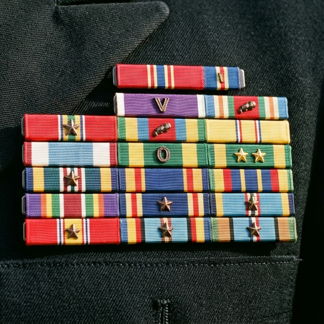 Military ribbon bars representing verified accomplishments