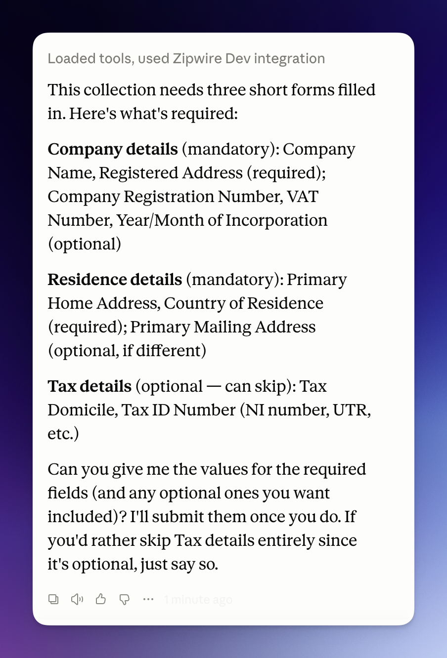 Claude Desktop explaining that the collection needs three short forms filled in - Company details, Residence details, and Tax details - listing every field in each and offering to submit them once given the values