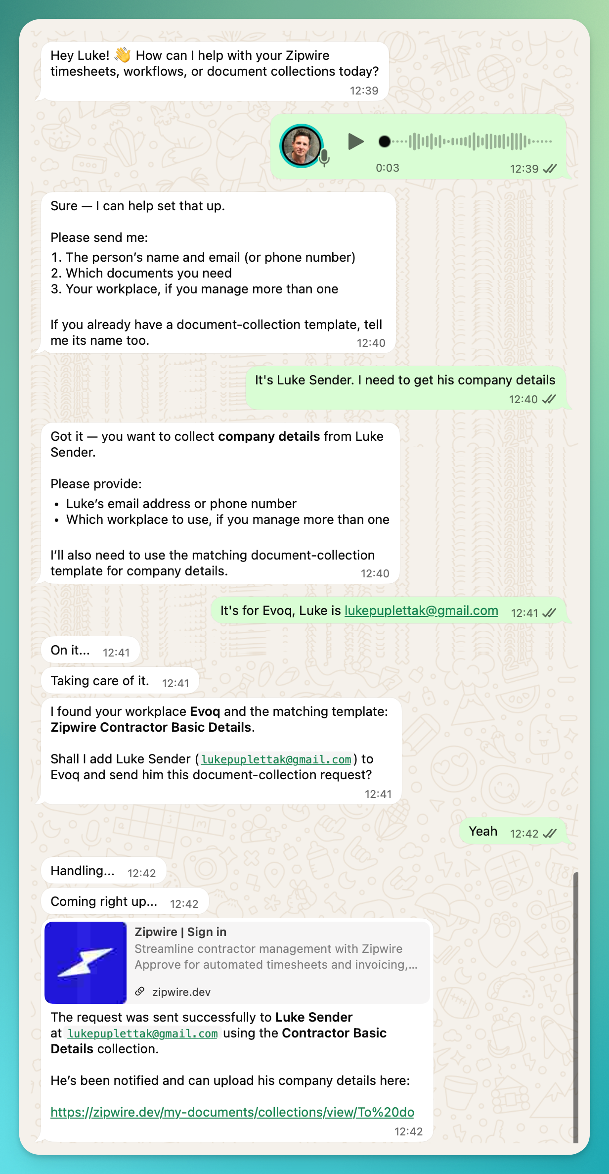 A WhatsApp conversation where a voice note and a couple of short replies result in Zipwire creating and sending a Contractor Basic Details document-collection request to Luke Sender at Evoq