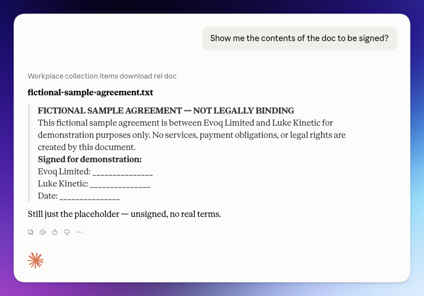 Claude Cowork showing the full contents of a fictional sample agreement text file before signing, still unsigned with placeholder fields