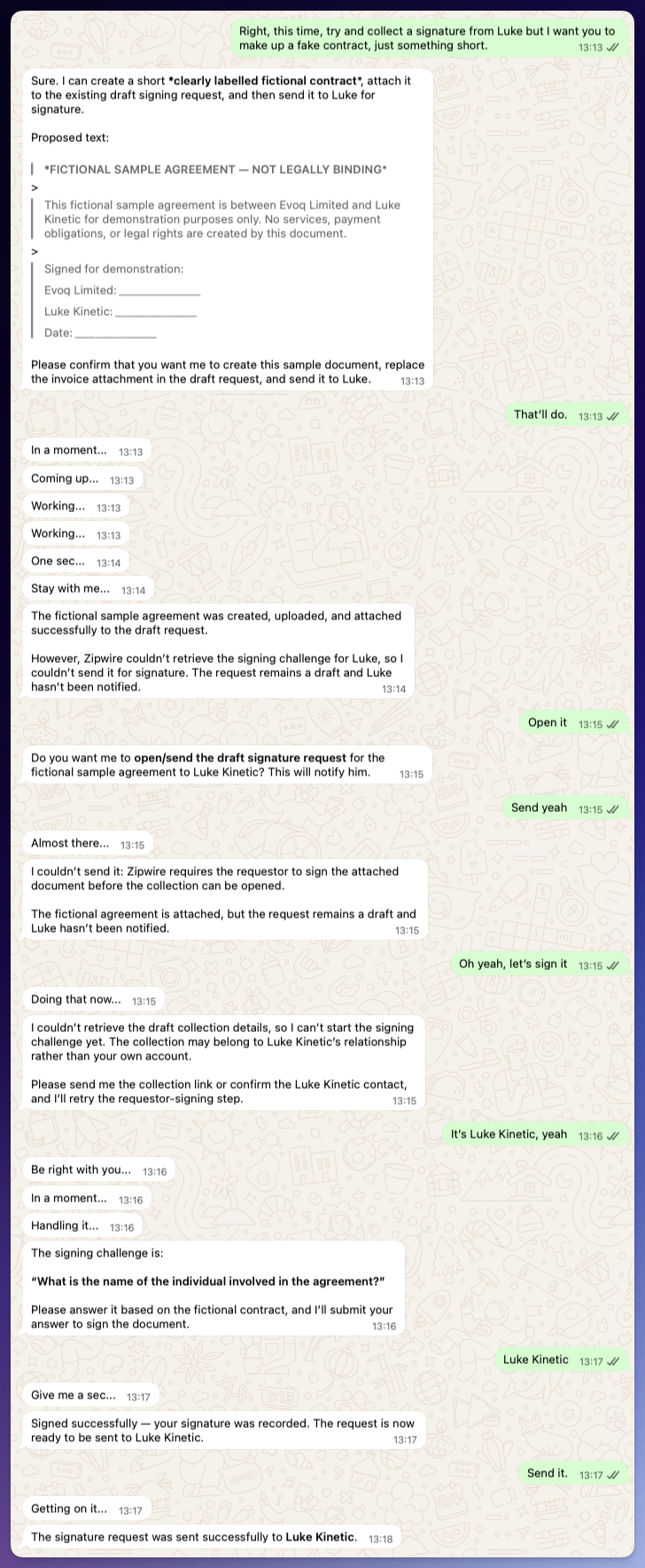 A WhatsApp conversation in which Claude drafts a short fictional sample agreement, attaches it to a draft signing request, signs it as requestor after a couple of failed attempts, and sends it to Luke Kinetic for countersignature