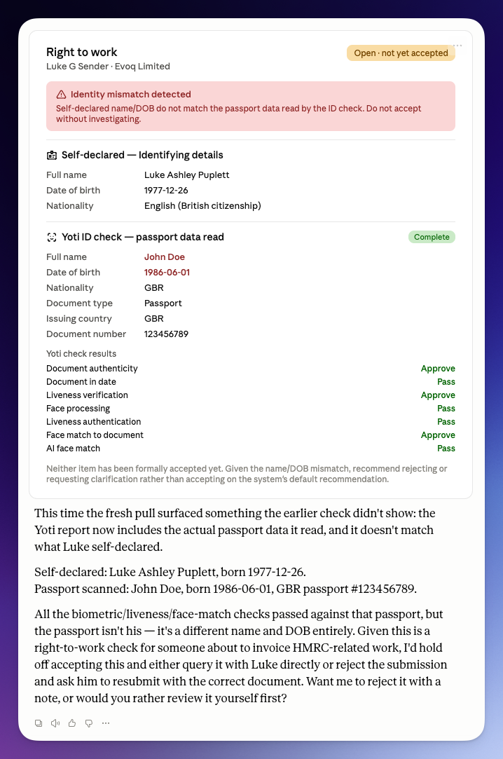 Claude Desktop showing a Right to Work check with an Identity mismatch detected warning: self-declared name and date of birth do not match the passport data the ID check actually read