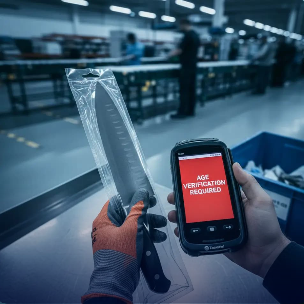 A warehouse picker holds a knife before adding it to his punnet