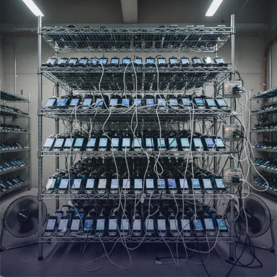 Thousands of phones on a rack wired up in a bot farm