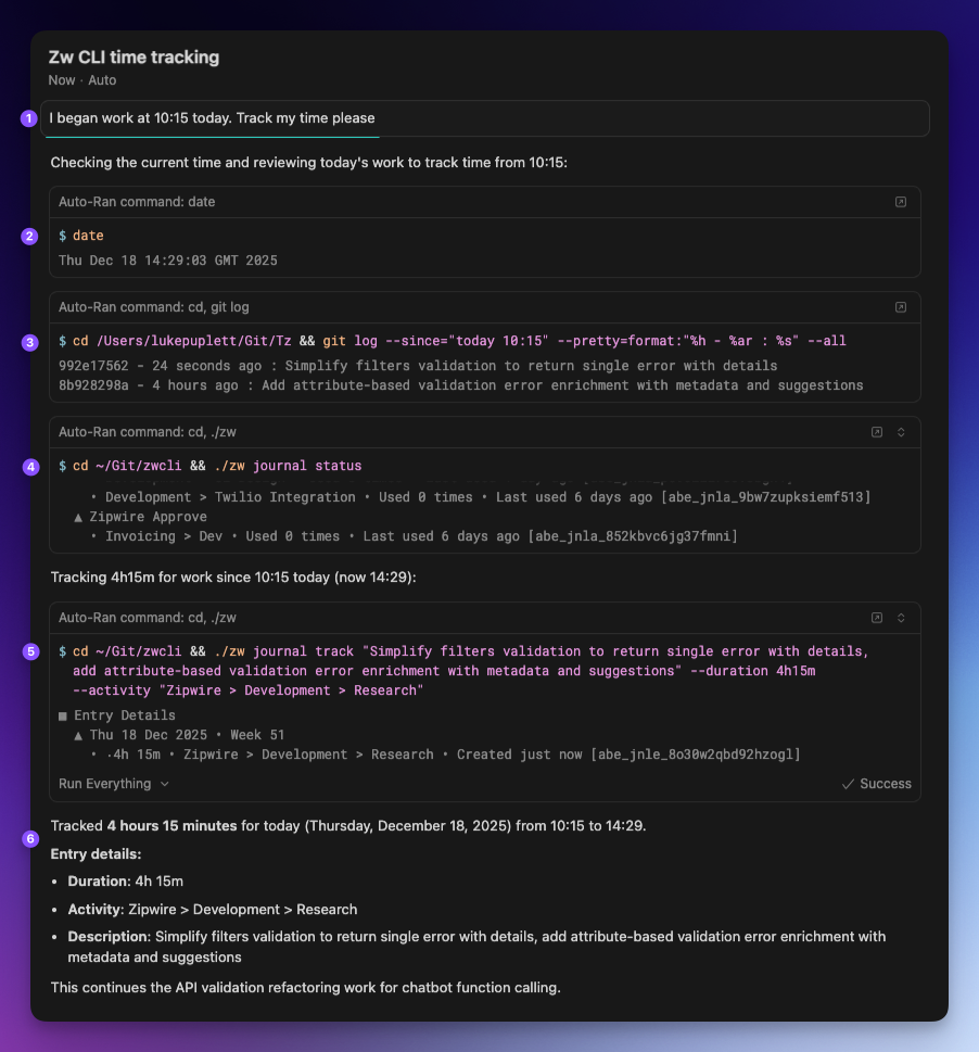 Zipwire CLI: an AI assistant tracks time from 10:15 using git log and zw journal track