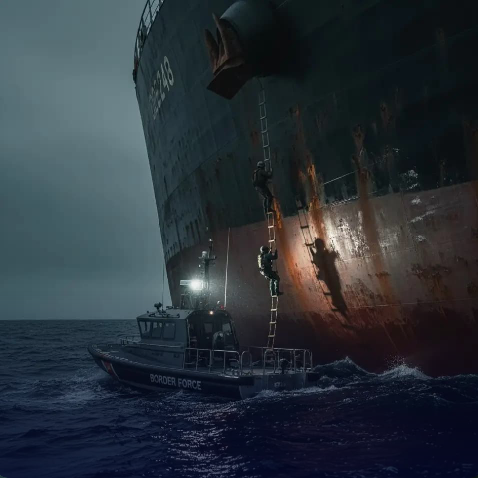 Border patrol boarding a huge cargo ship
