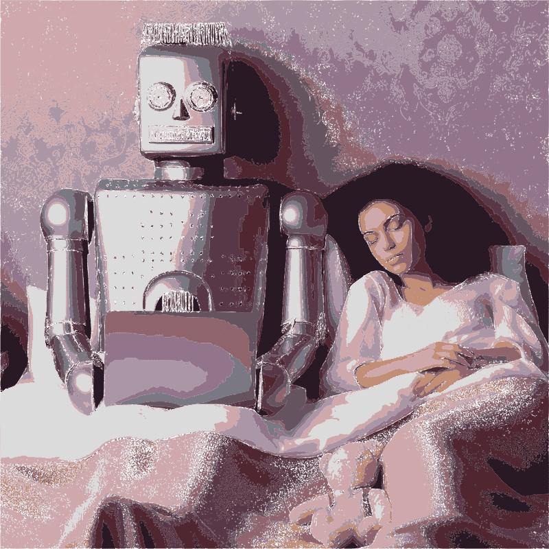 A woman sleeps alongside a giant robot who sits up in bed using a laptop