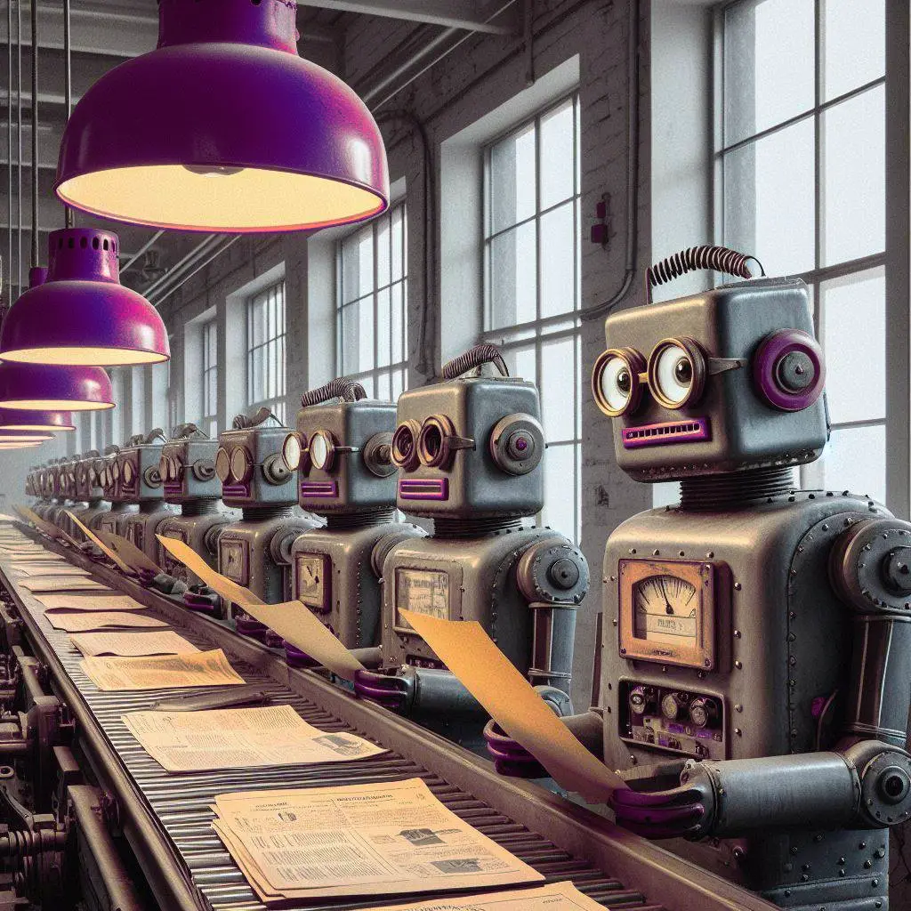 Retro tin robots standing at a conveyor belt inspecting documents