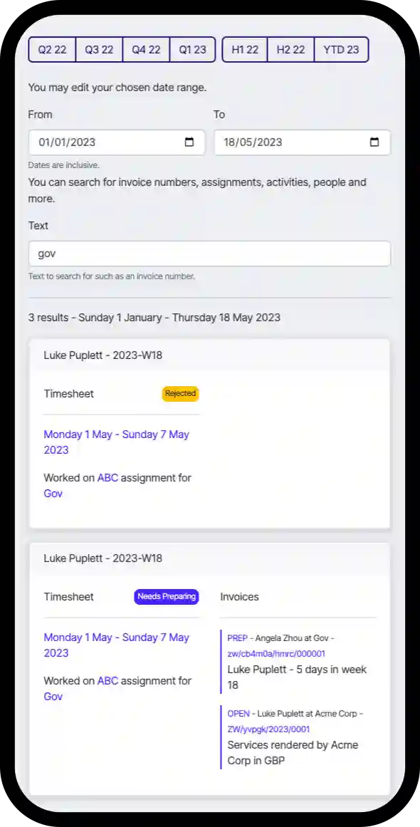 Phone shape screen showing screenshot of Zipwire's search