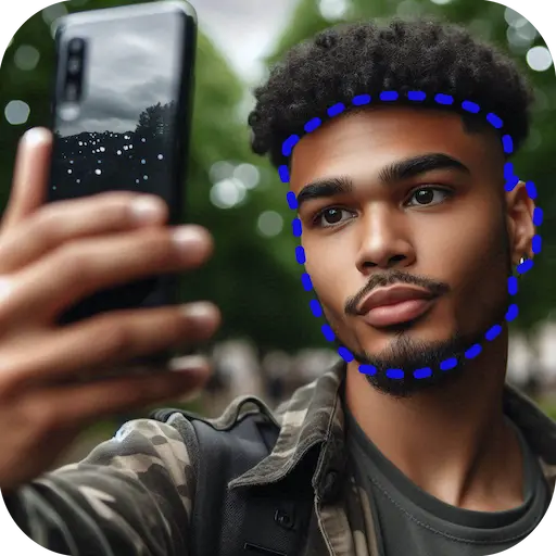 A young man takes a selfie with his mobile phone. There is a blue dotted line around his face.